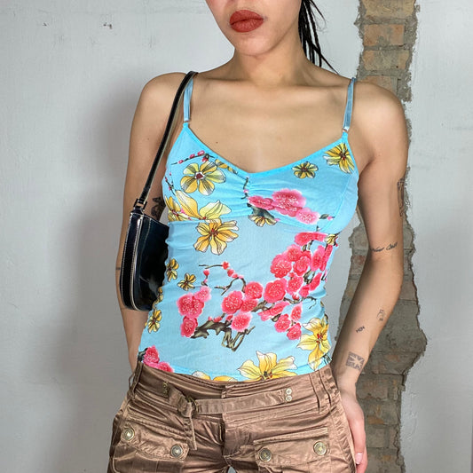 Vintage 2000's Summer Blue Top with Pink and Yellow Flower Print (S)