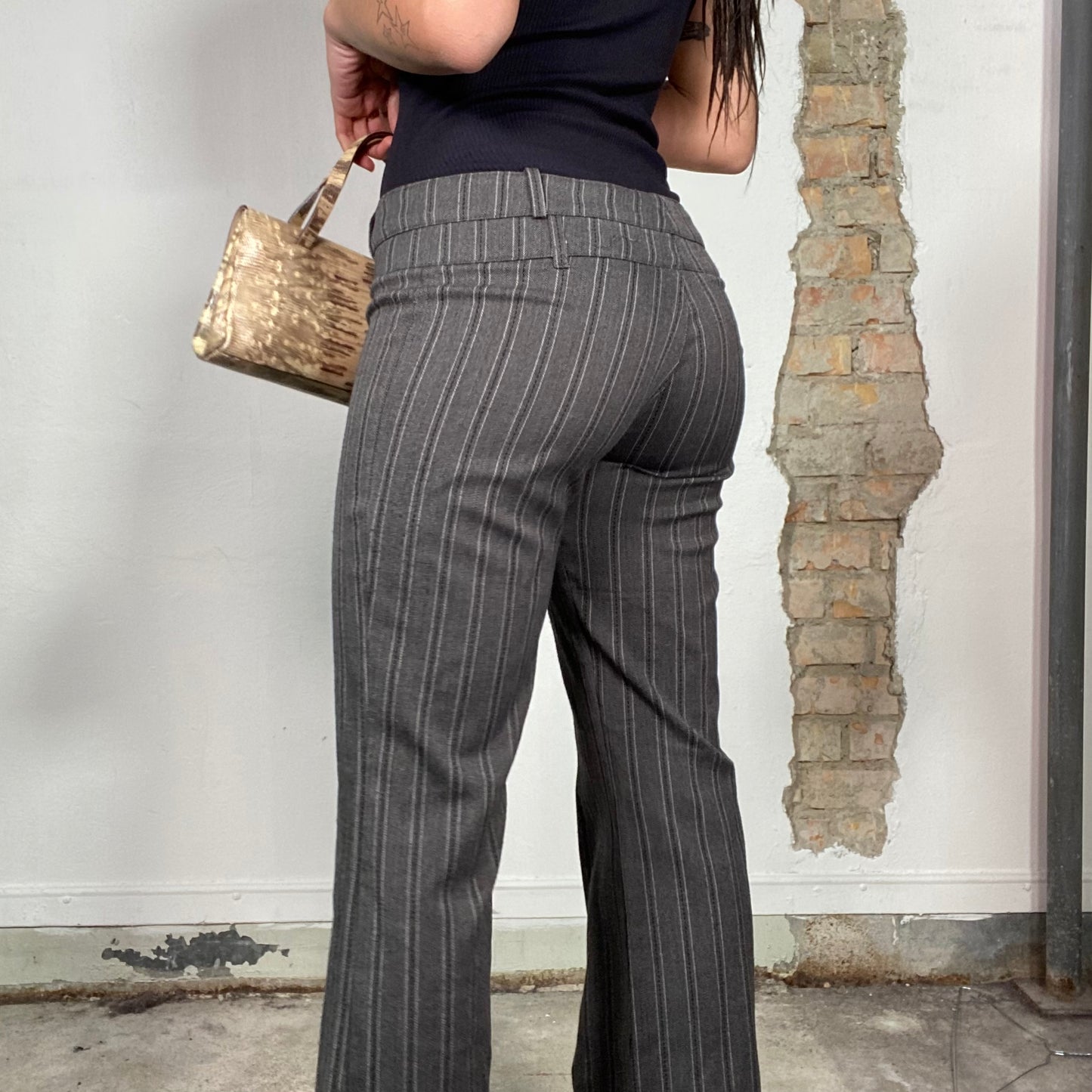 Vintage 90's Office Wear Grey Striped Flared Pants (S)