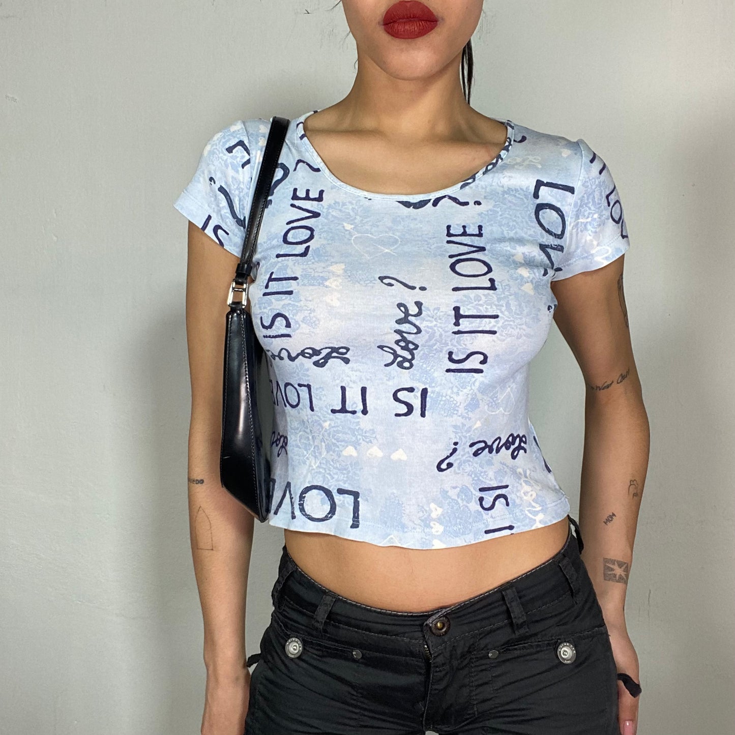 Vintage 2000's Downtown Girl Light Blue Baby Tee with 'is it love?' Print (S)