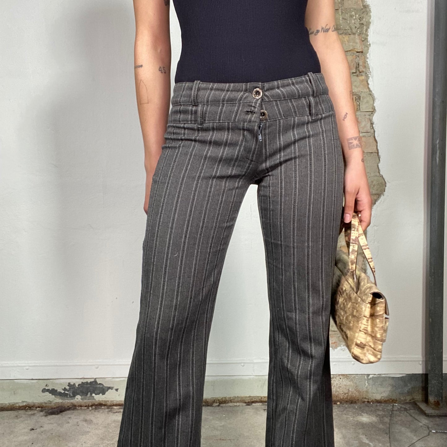 Vintage 90's Office Wear Grey Striped Flared Pants (S)