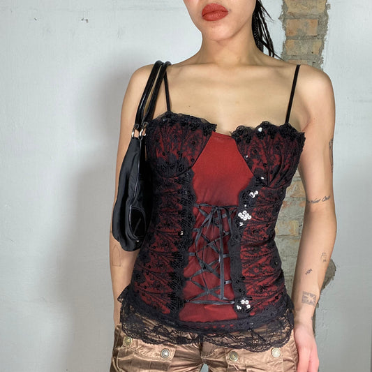 Vintage 90's Gothic Black and Red Corset Top with Sequin Details (S)