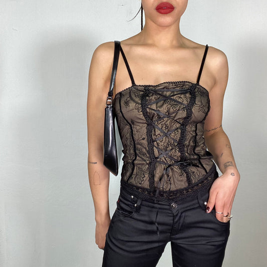 Vintage 2000's Gothic Black Lace Corset Top with Golden Shimmer and Lace Up Detail (S)