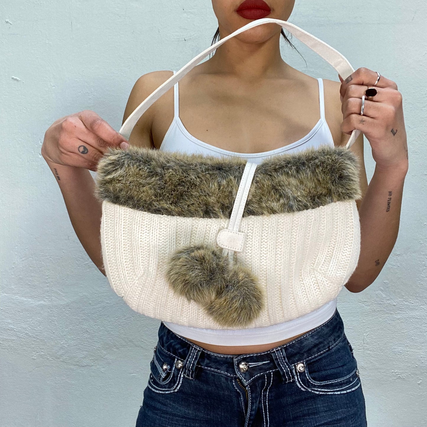 Vintage 2000's Soft Girl White Knit Bag with Faux Fur Details