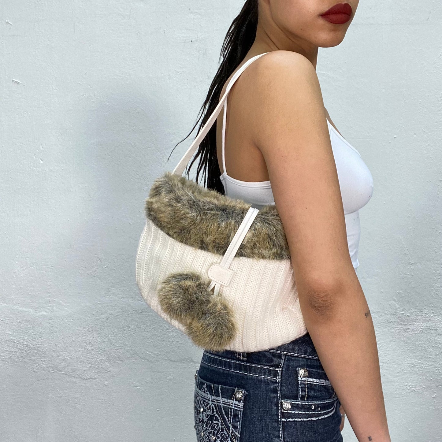 Vintage 2000's Soft Girl White Knit Bag with Faux Fur Details
