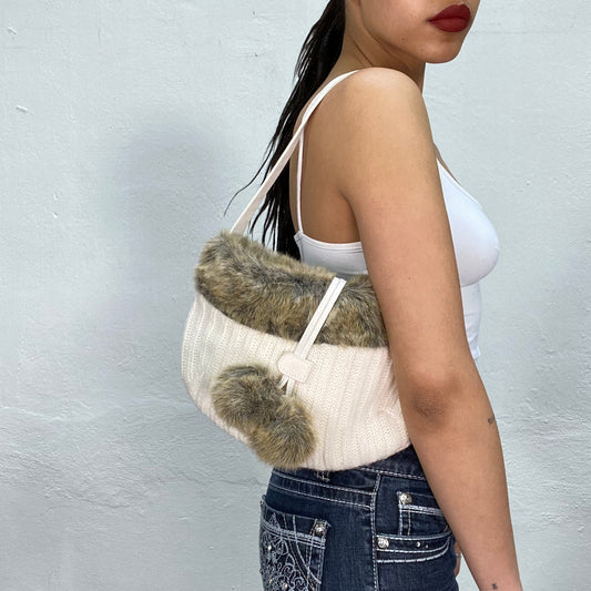 Vintage 2000's Soft Girl White Knit Bag with Faux Fur Details