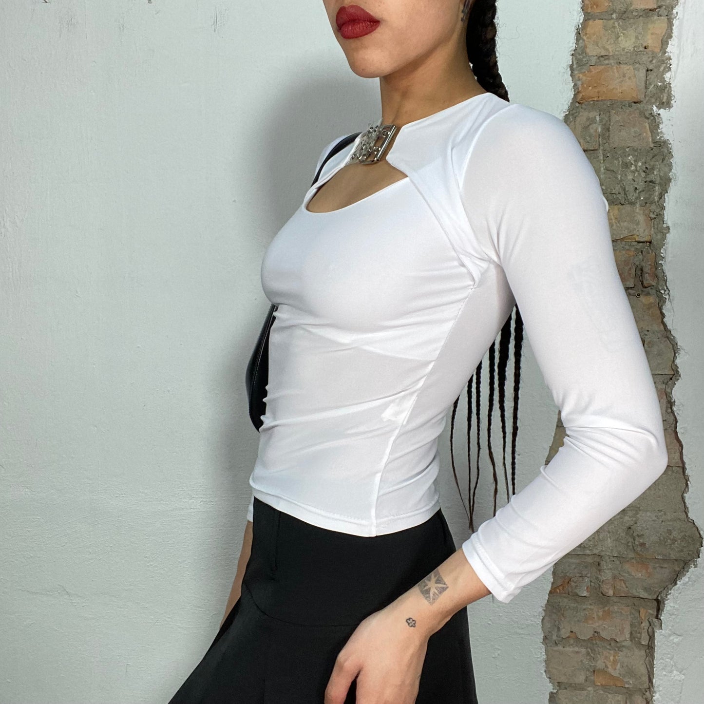 Vintage 2000's Clubwear White Longsleeve with Cutout and Buckle Neckline Detail (S)