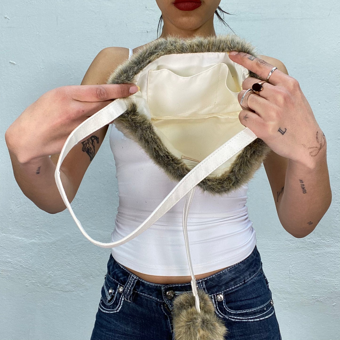 Vintage 2000's Soft Girl White Knit Bag with Faux Fur Details