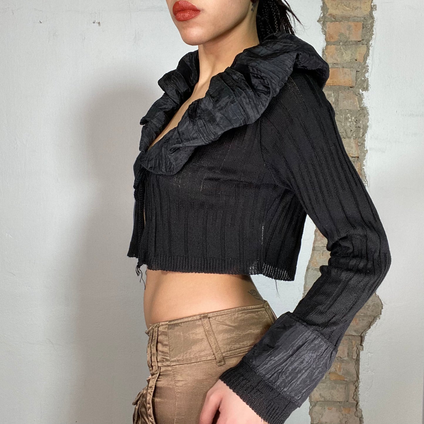 Vintage 2000's Grunge Black Knit Bolero with Big Collar (S/M)