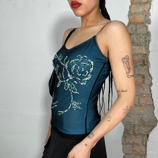 Vintage 2000's Indie Blue Silky Top with Sequin Floral Print (S)