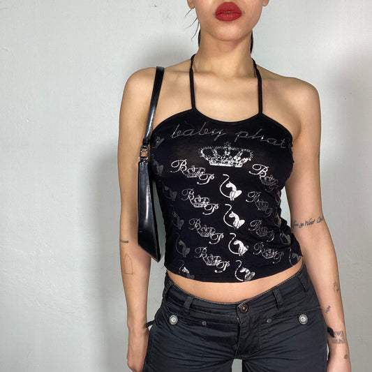 Vintage 2000's Baby Phat Black Halter Neck Top with Crown Print (S)