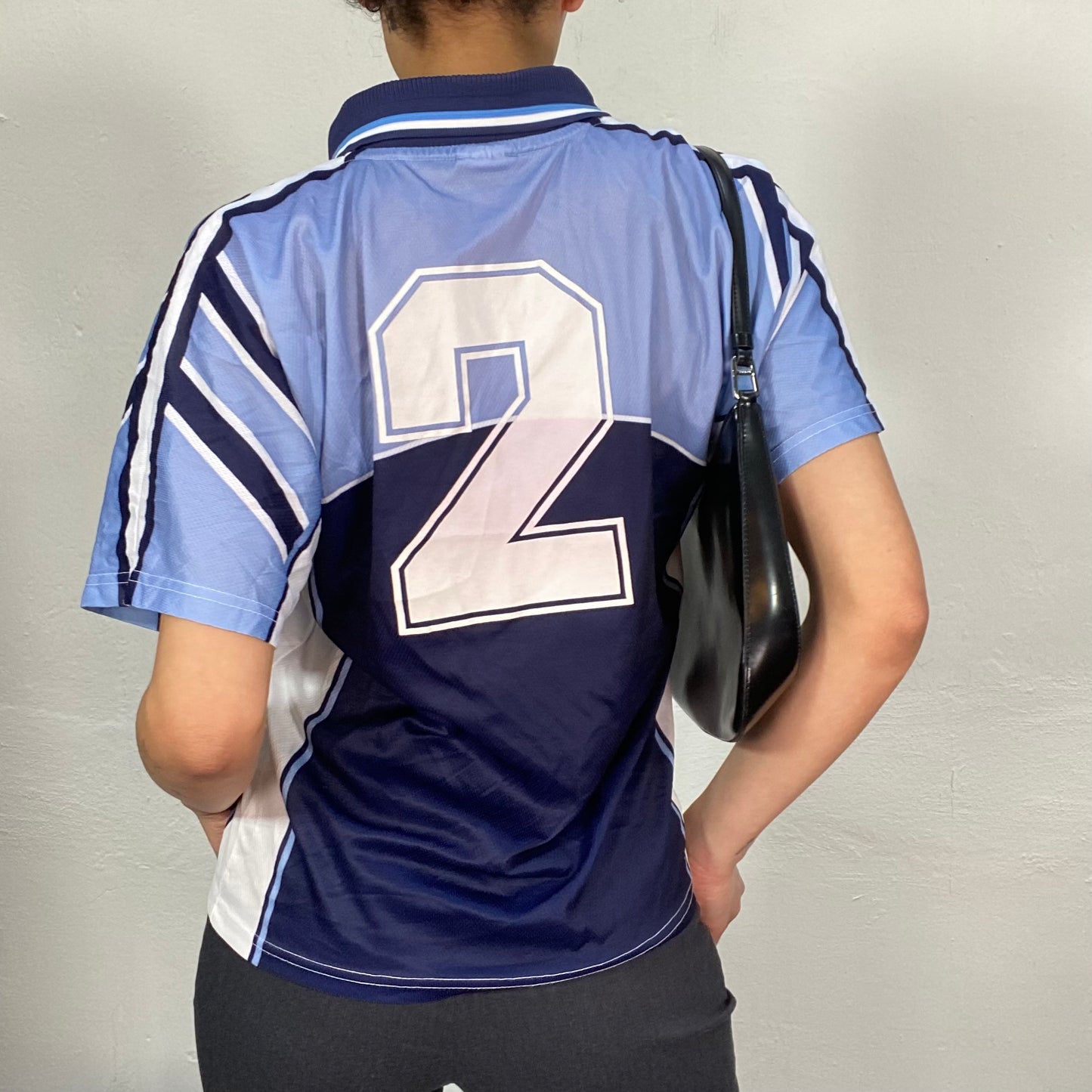 Vintage 2000's Sporty Blue and White Striped Collared Shirt with Nr. 2 Print (M)