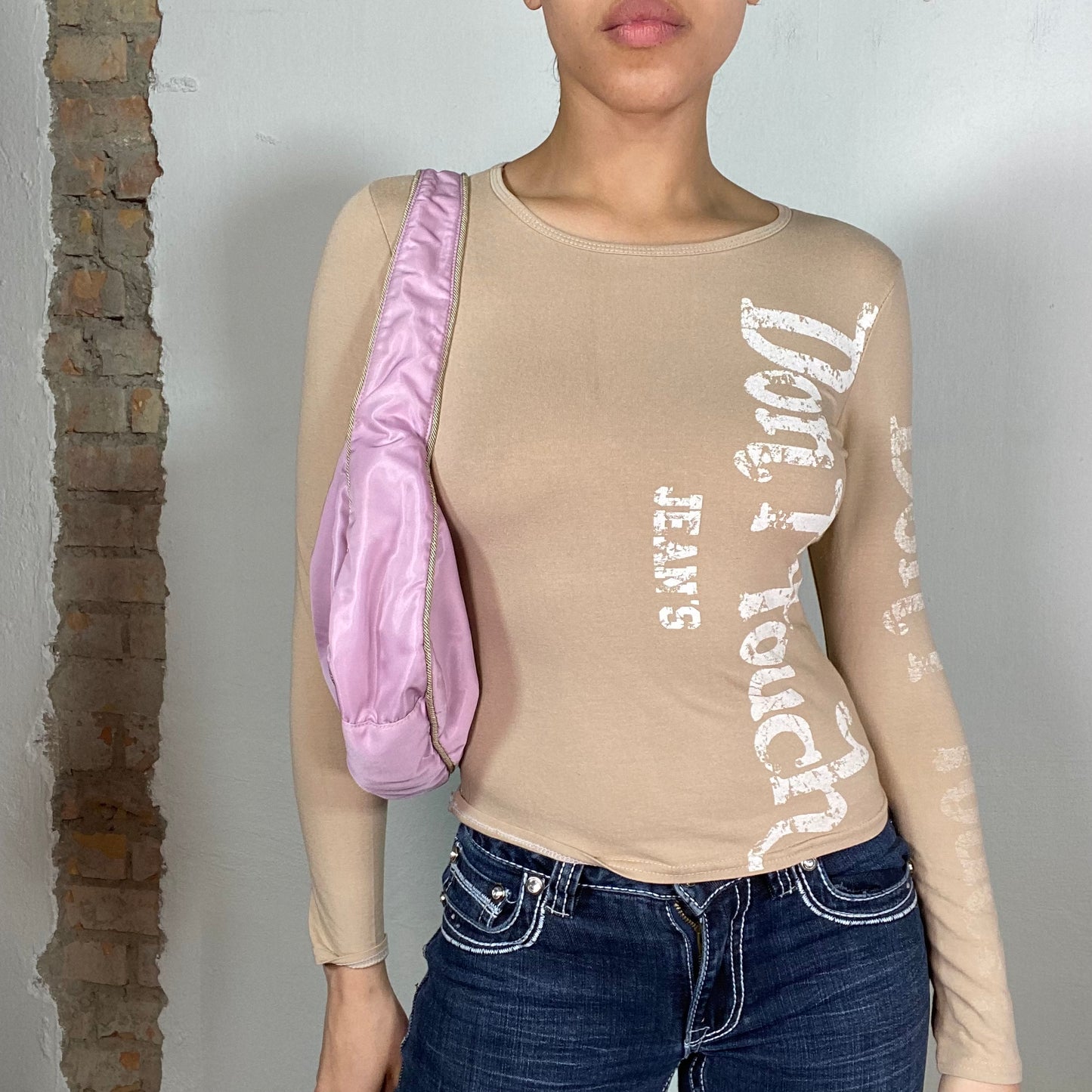 Vintage 2000's Skater Beige Longsleeve with 'Don't Touch' Print (S)