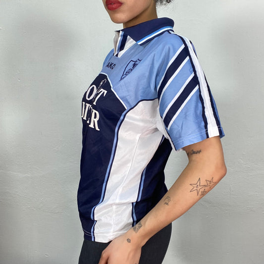 Vintage 2000's Sporty Blue and White Striped Collared Shirt with Nr. 2 Print (M)