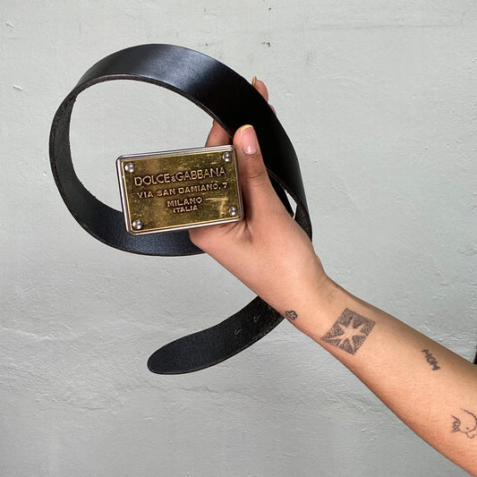 Vintage 2000's Dolce Cabana Black Leather Belt with Golden Chunky Buckle