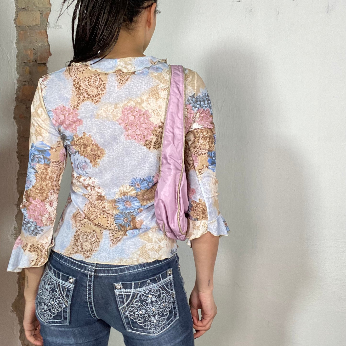 Vintage 2000's Indie Pink and Blue Floral and Paisley Print Midi Sleeve Top (S)