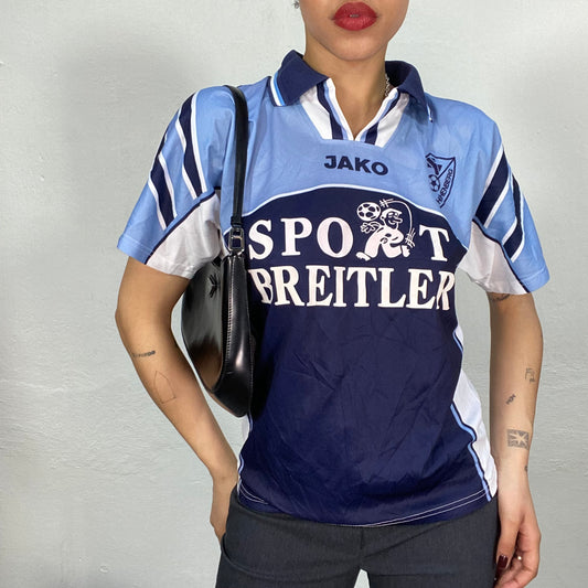 Vintage 2000's Sporty Blue and White Striped Collared Shirt with Nr. 2 Print (M)