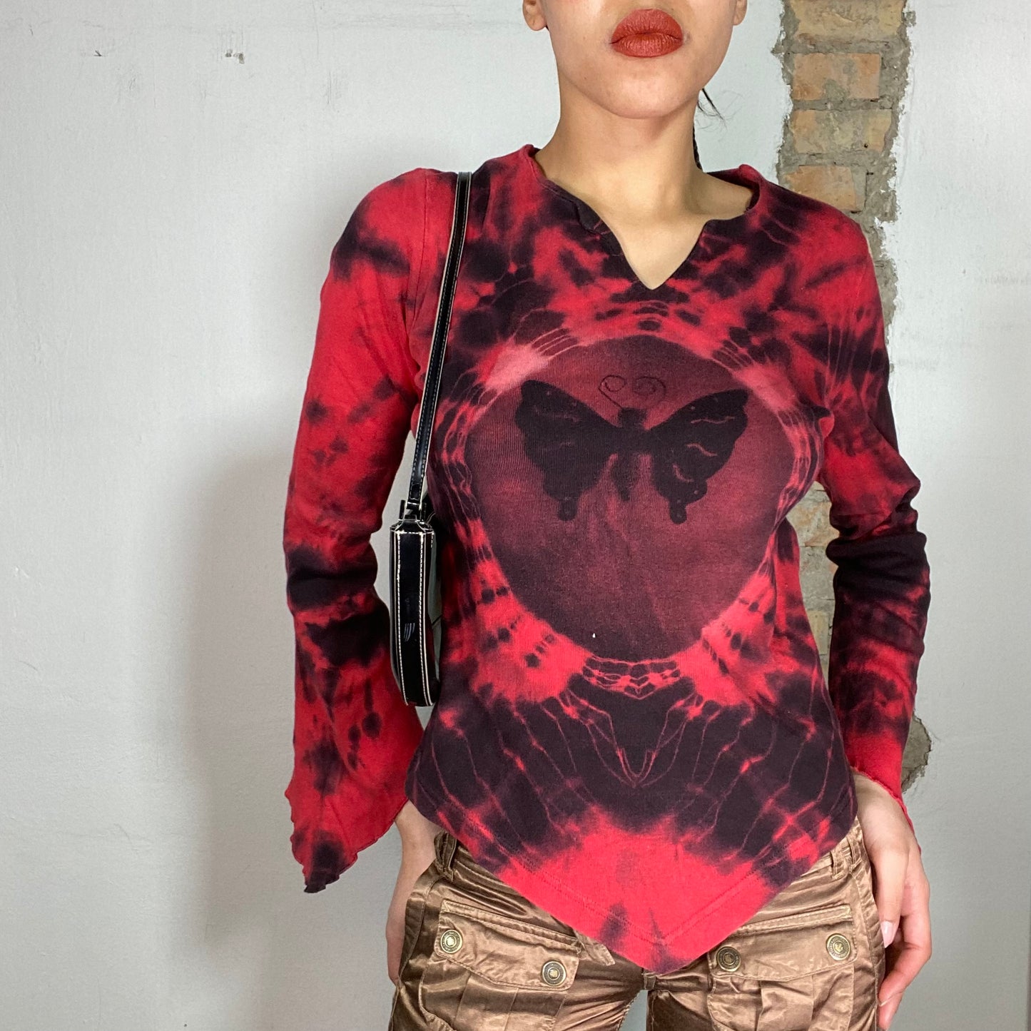 Vintage 2000's Grunge Black and Red Batik Longsleeve with Butterfly Print (M)