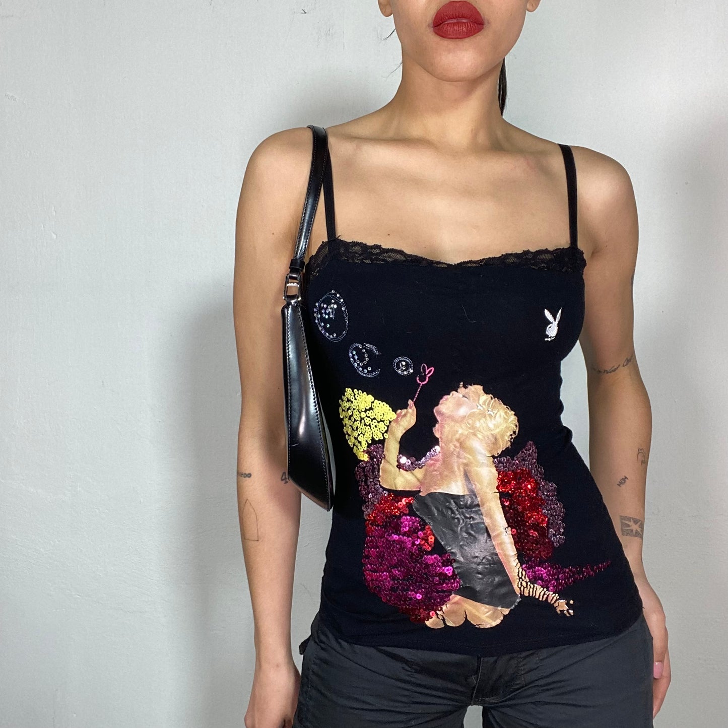 Vintage 2000's Playboy Black Cami Top with Lace, Sequins and Girl Print (S)