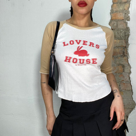 Vintage 90's Streetstyle Beige and White Midi Sleeve Slogan „Lovers House“ Shirt with Red Bunny Print (S)