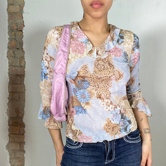 Vintage 2000's Indie Pink and Blue Floral and Paisley Print Midi Sleeve Top (S)