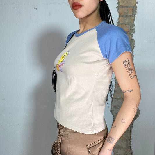 Vintage 2000's Sporty White and Blue Raglan Shirt with Tweety Print (S)