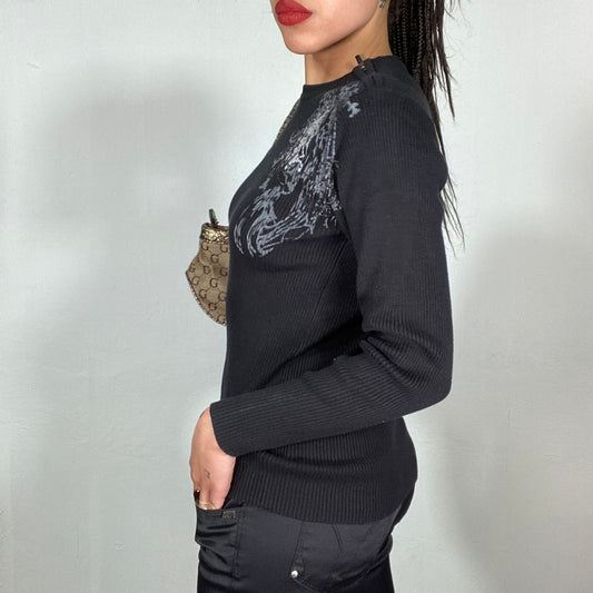 Vintage 2000's Grunge Black Ribbed Knit Sweater with Grey Skull and Tribal Print (S)