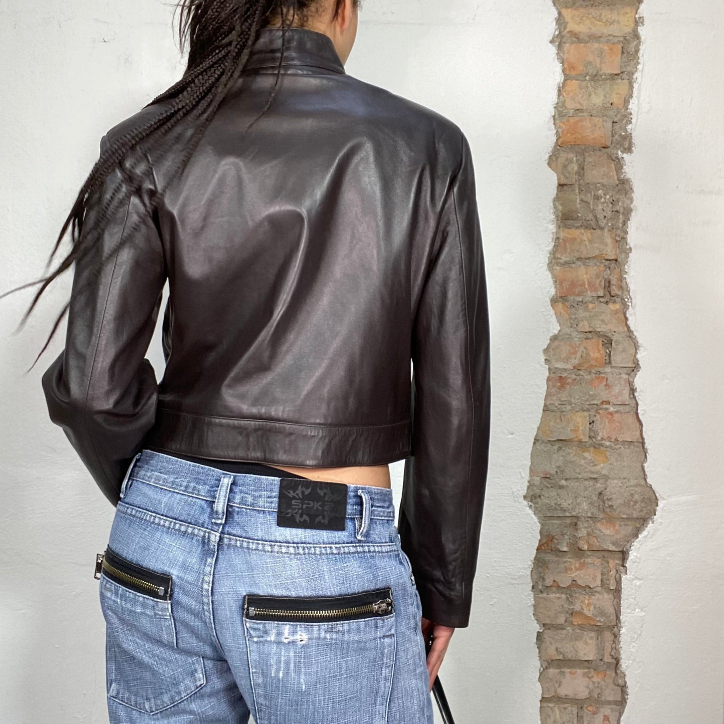 Vintage 2000's Model Off Duty Brown Cropped Leather Jacket (S)