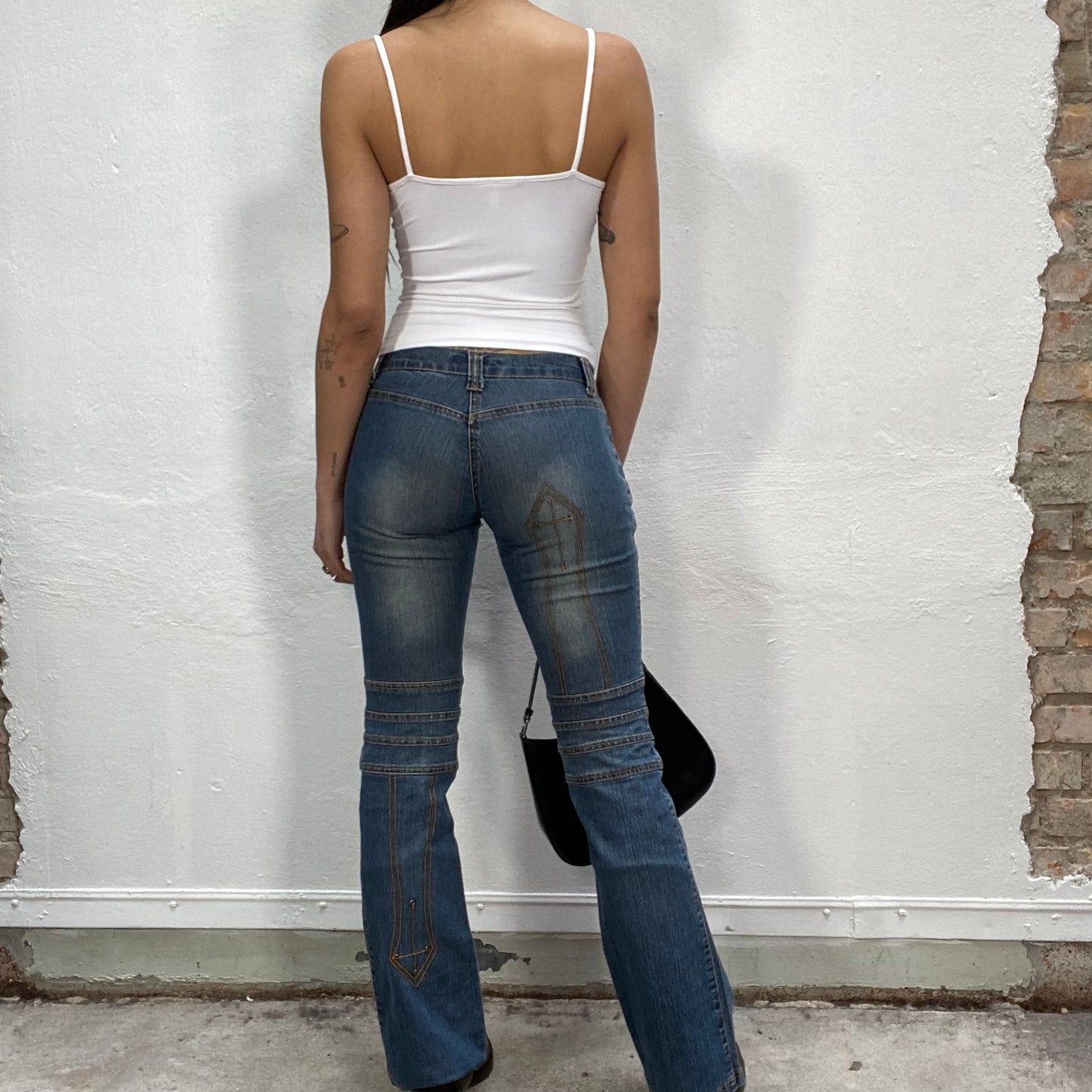 Vintage 90's Cyber Low Waist Structured Jeans with Embroidery Details (S)