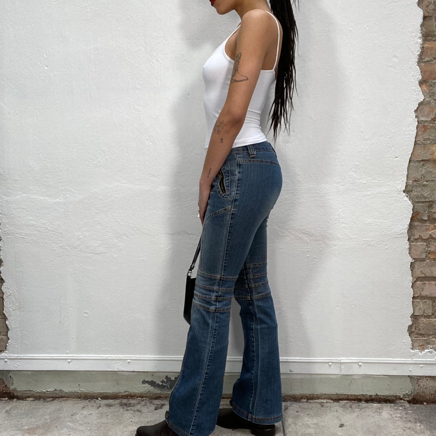 Vintage 90's Cyber Low Waist Structured Jeans with Embroidery Details (S)