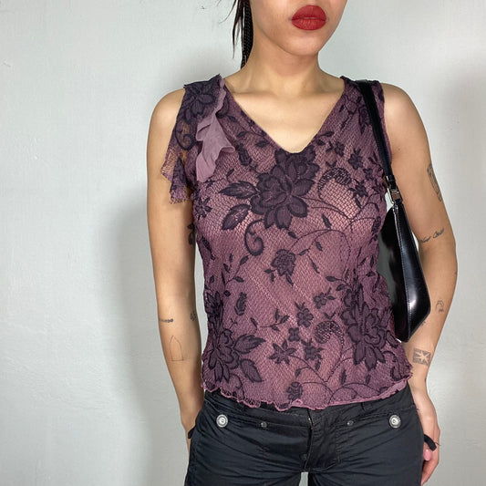 Vintage 2000's Fairy Dark Purple Lace Top with Ruffle Hem (S/M)