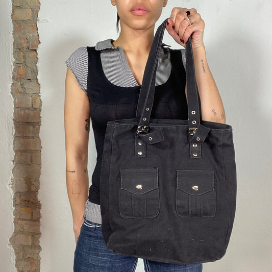 Vintage 90's Skater Black Denim Tote Bag with Silver Details