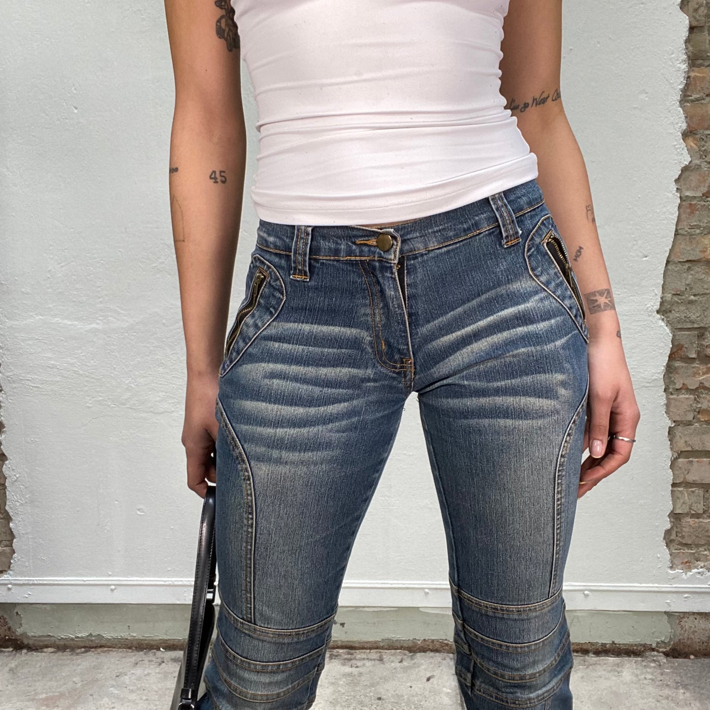 Vintage 90's Cyber Low Waist Structured Jeans with Embroidery Details (S)