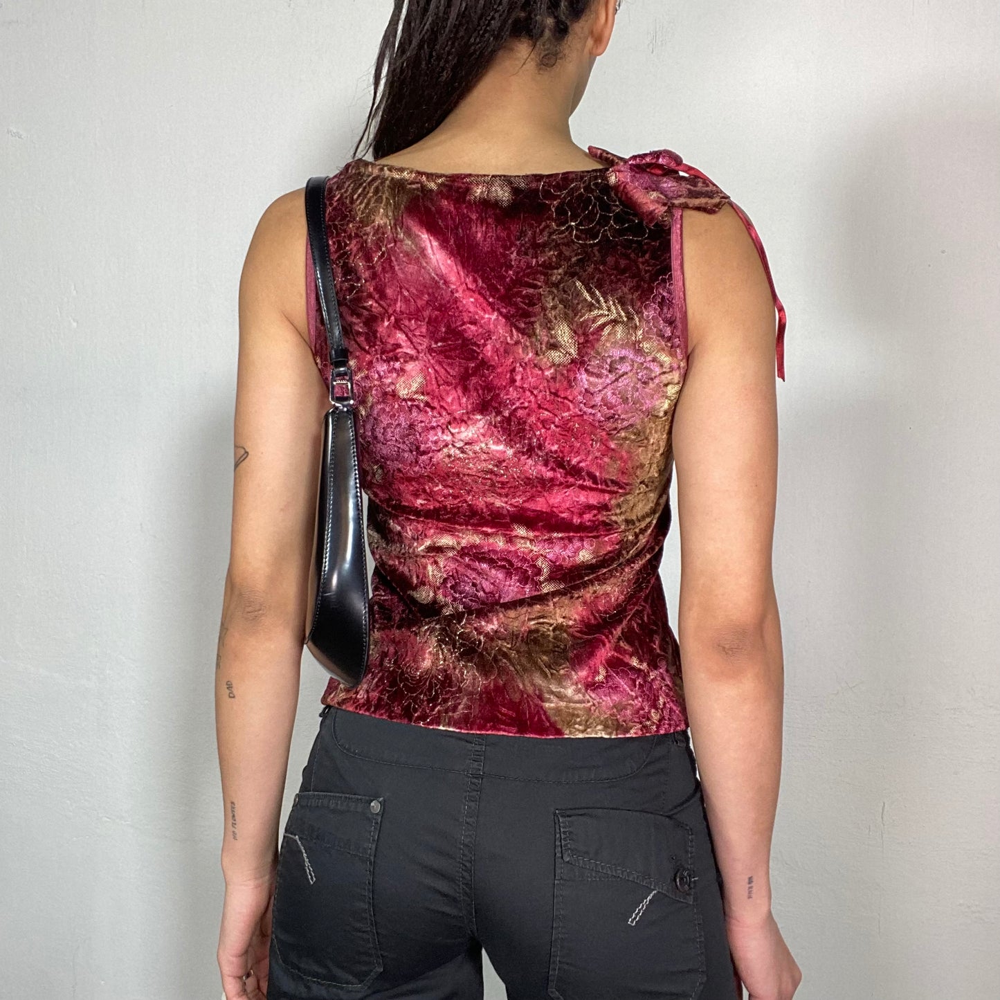 Vintage 2000's Downtown Girl Dark Red and Brown Velvet Top with Waterfall Neckline (M)