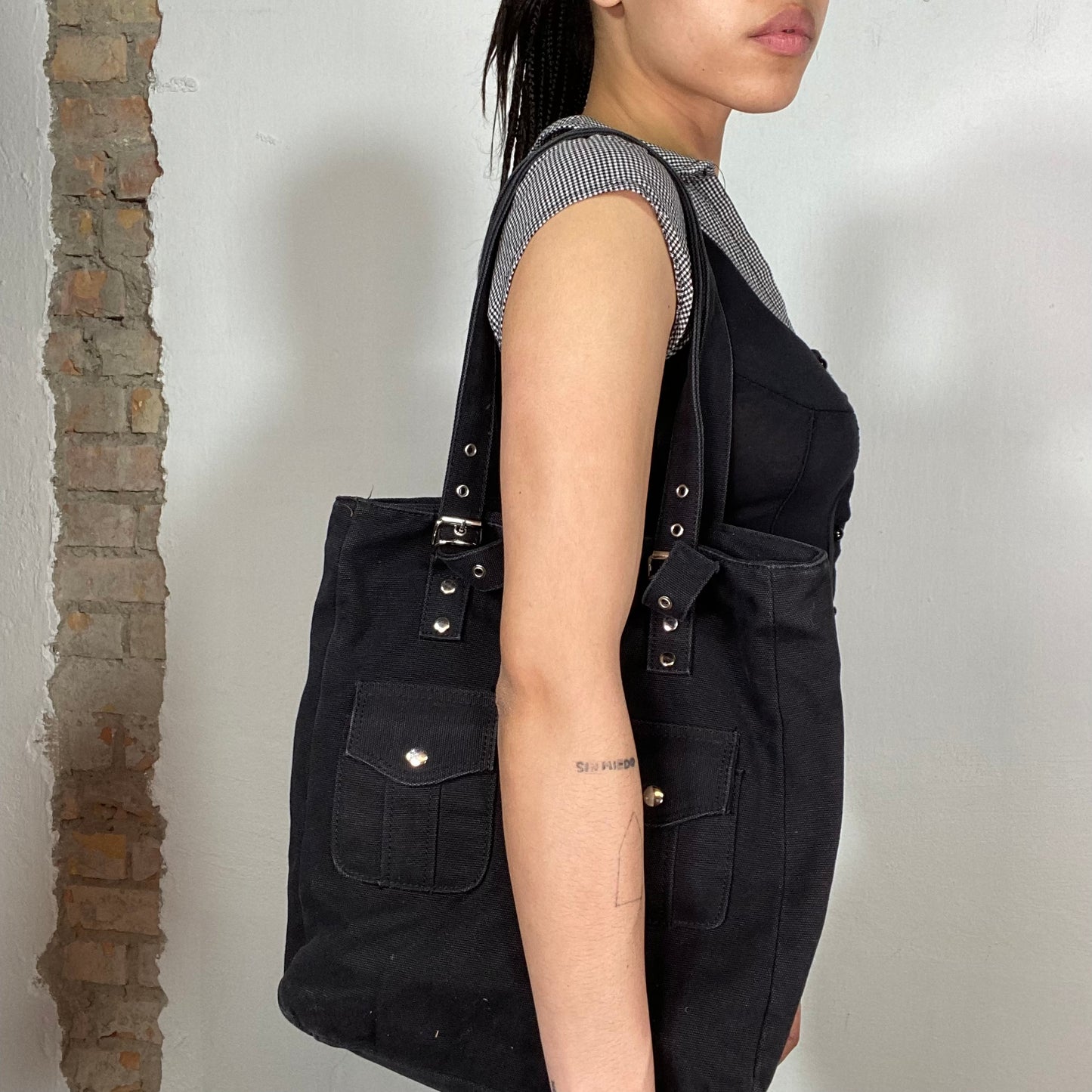 Vintage 90's Skater Black Denim Tote Bag with Silver Details