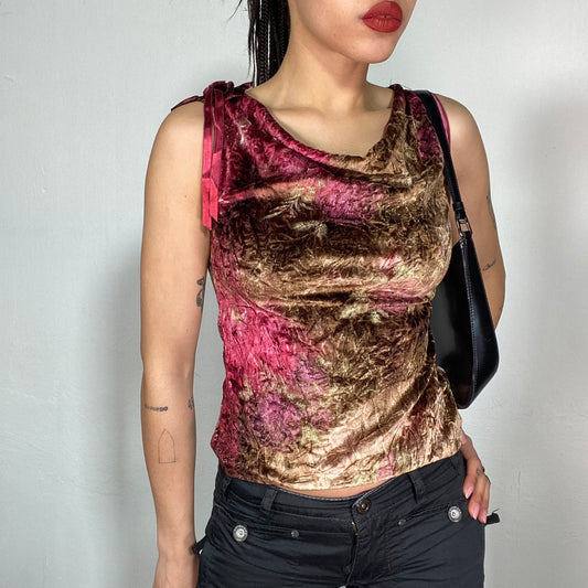 Vintage 2000's Downtown Girl Dark Red and Brown Velvet Top with Waterfall Neckline (M)