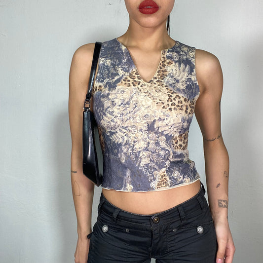 Vintage 2000's Downtown Girl Grey Lace Tank Top with Leo Print (S)