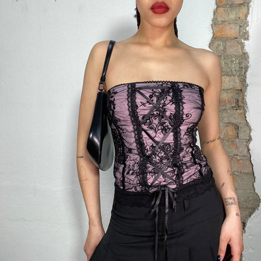 Vintage 2000's Coquette Pink Corset Top with Black Lace (S)