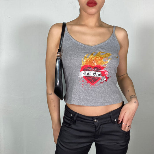 Vintage 2000's Grunge Grey Crop Top with 'Hot Stuff' Print (S)