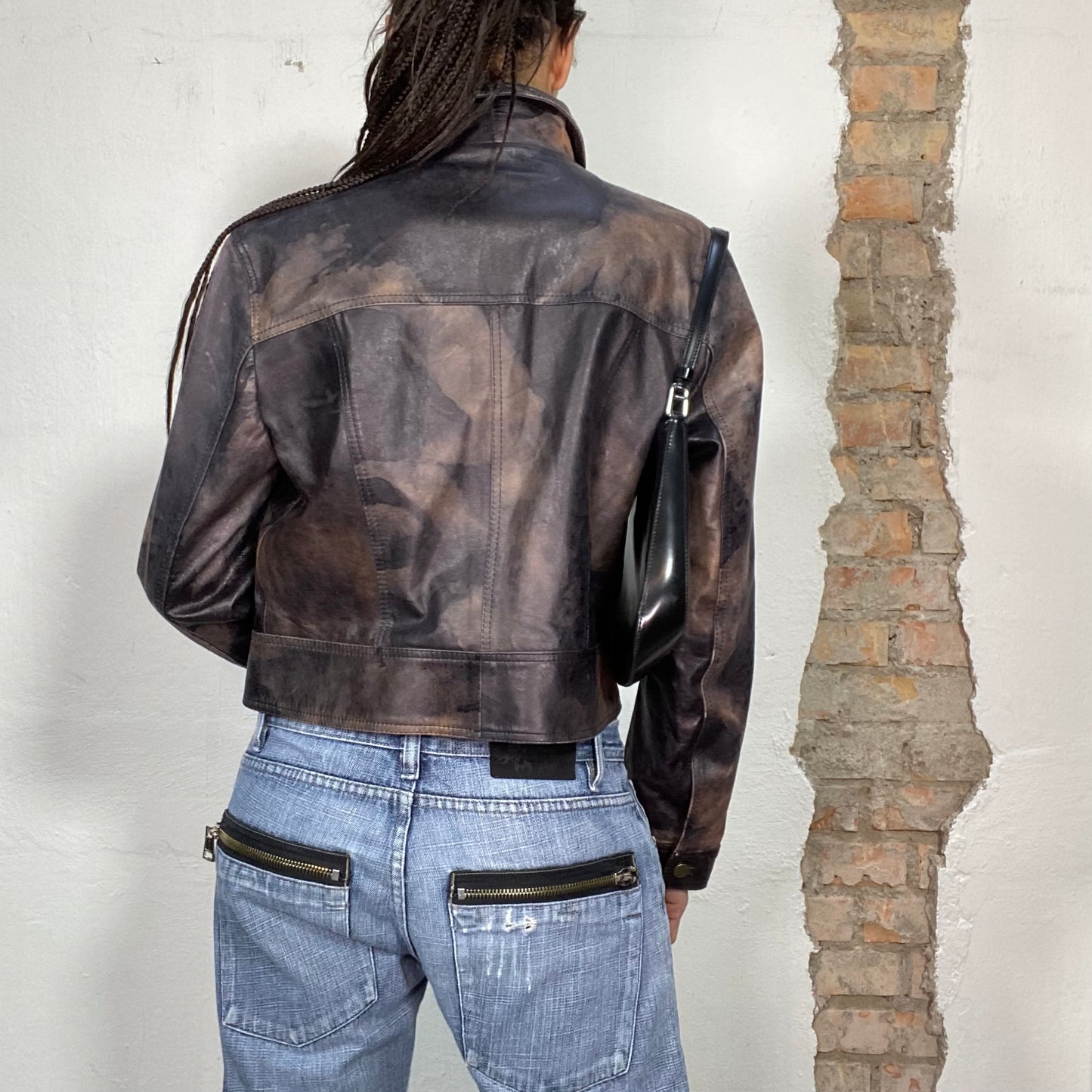 Vintage 2000's Rocker Brown Cropped Patchy Leather Jacket (S/M)