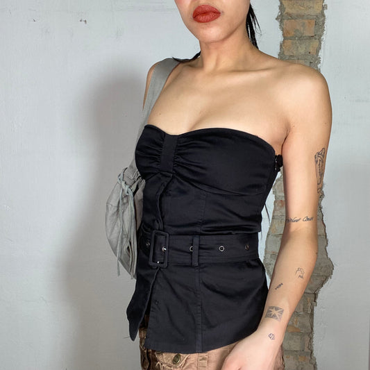 Vintage 2000's Model Off Duty Black Corset Top with Waist Belt (S)