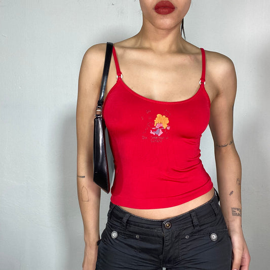 Vintage 2000's Red Top with Worn Girl Print (S)