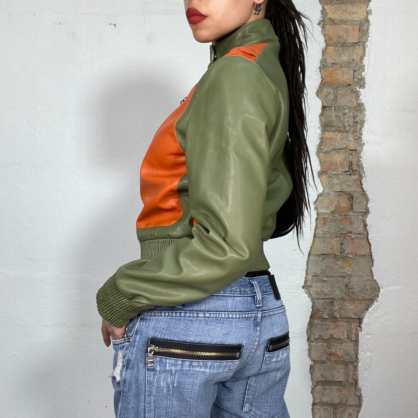 Vintage 2000's Bella Hadid Khaki and Orange Racer Faux Leather Jacket (S/M)