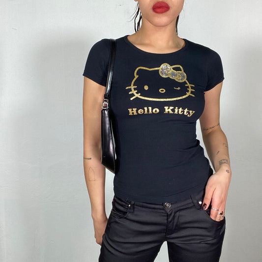 Vintage 2000's Hello Kitty Black Baby Tee with Gold Logo Print (XS/S)
