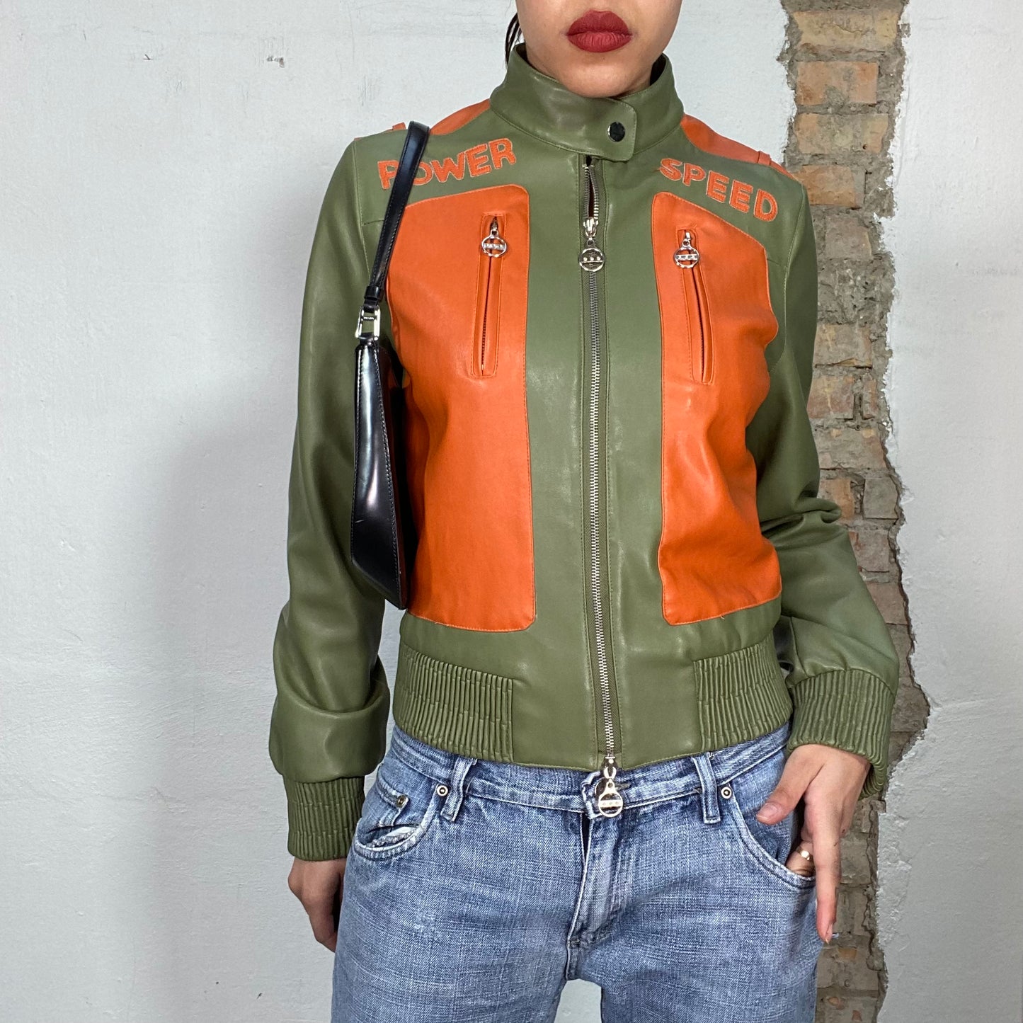 Vintage 2000's Bella Hadid Khaki and Orange Racer Faux Leather Jacket (S/M)