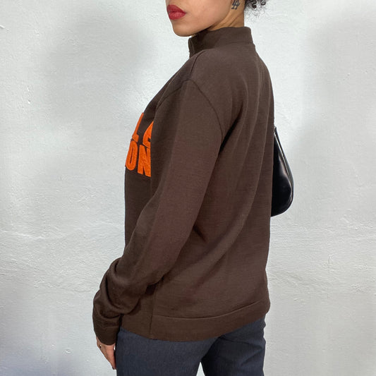 Vintage 90's Streetstyle Brown Zip Up Sweater with Orange 'General Revolution' Print (L)