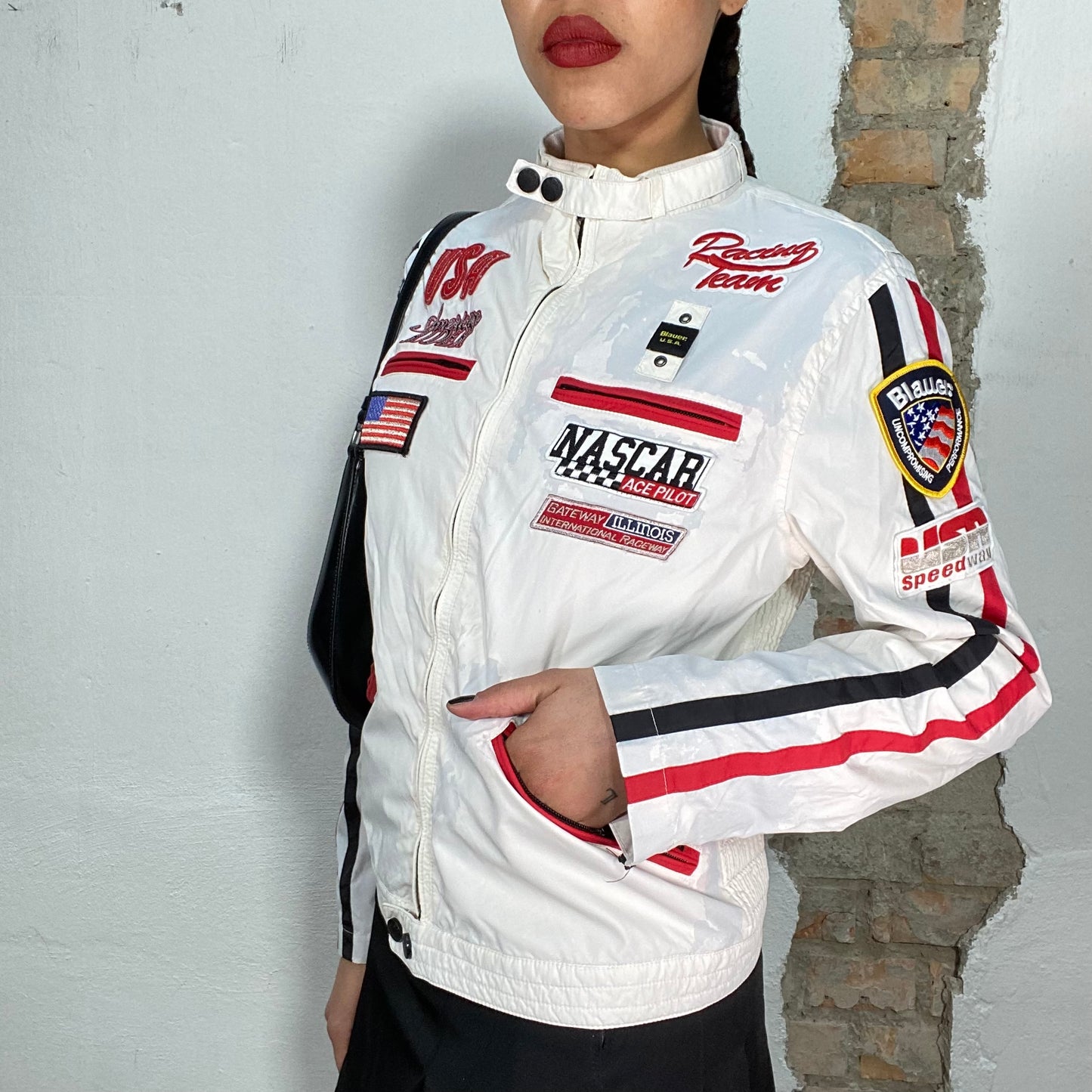 Vintage 2000's Archive Nascar White Racing Jacket with Patches (S/M)