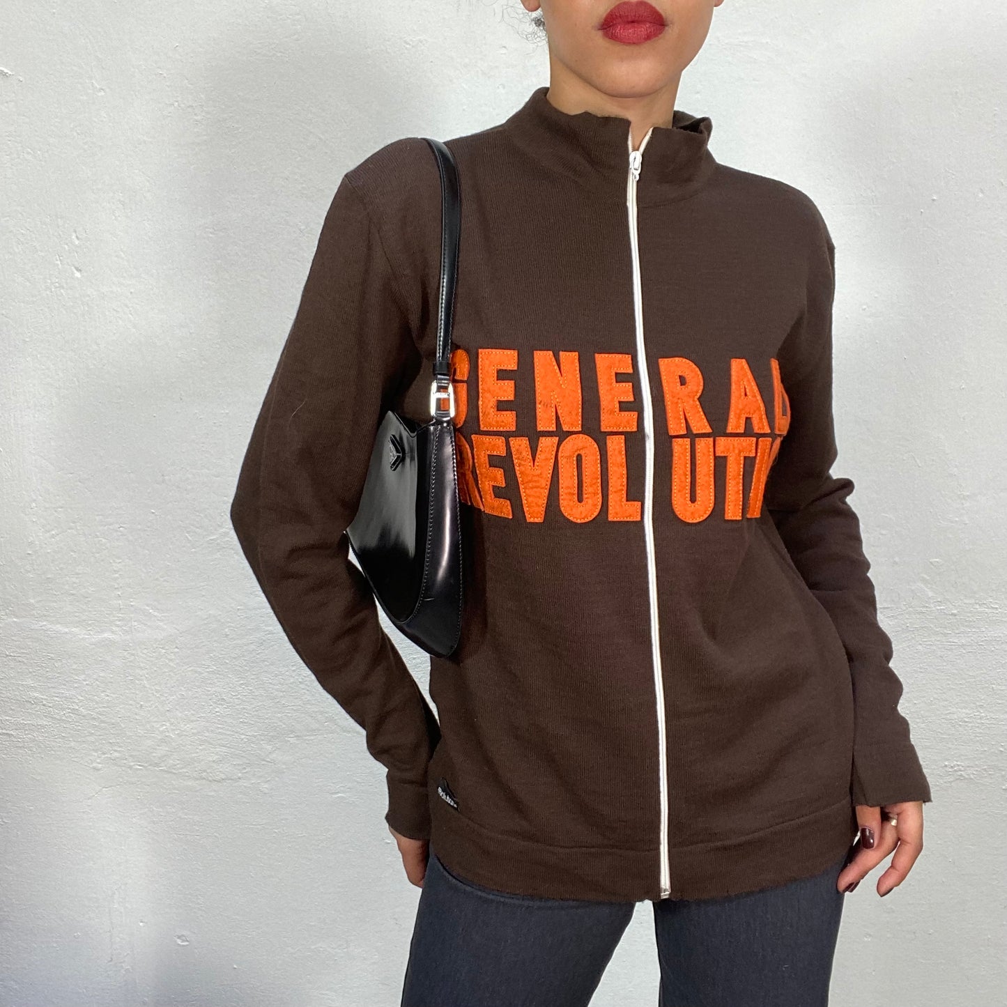 Vintage 90's Streetstyle Brown Zip Up Sweater with Orange 'General Revolution' Print (L)