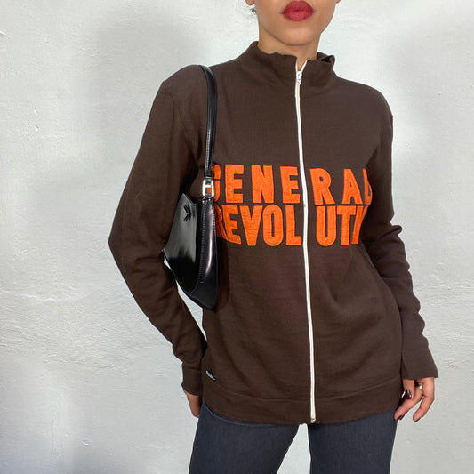 Vintage 90's Streetstyle Brown Zip Up Sweater with Orange 'General Revolution' Print (L)