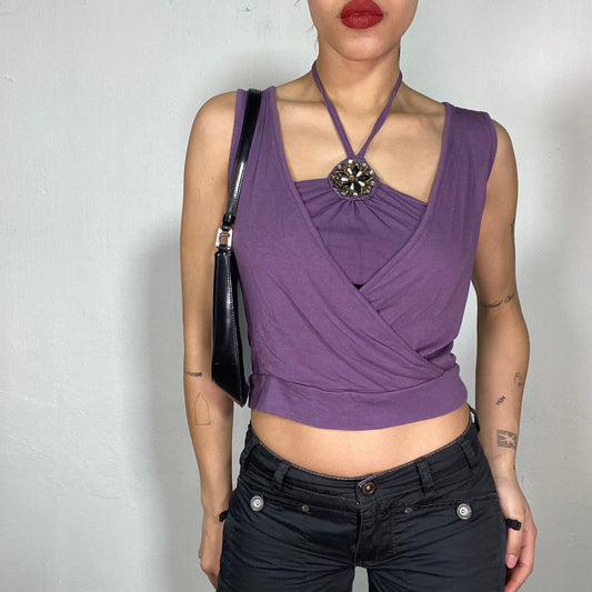 Vintage 90's Fairy Purple Top with Halter Neck and Beaded Flower Detail (S)