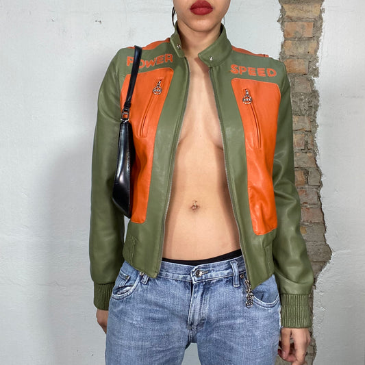 Vintage 2000's Bella Hadid Khaki and Orange Racer Faux Leather Jacket (S/M)